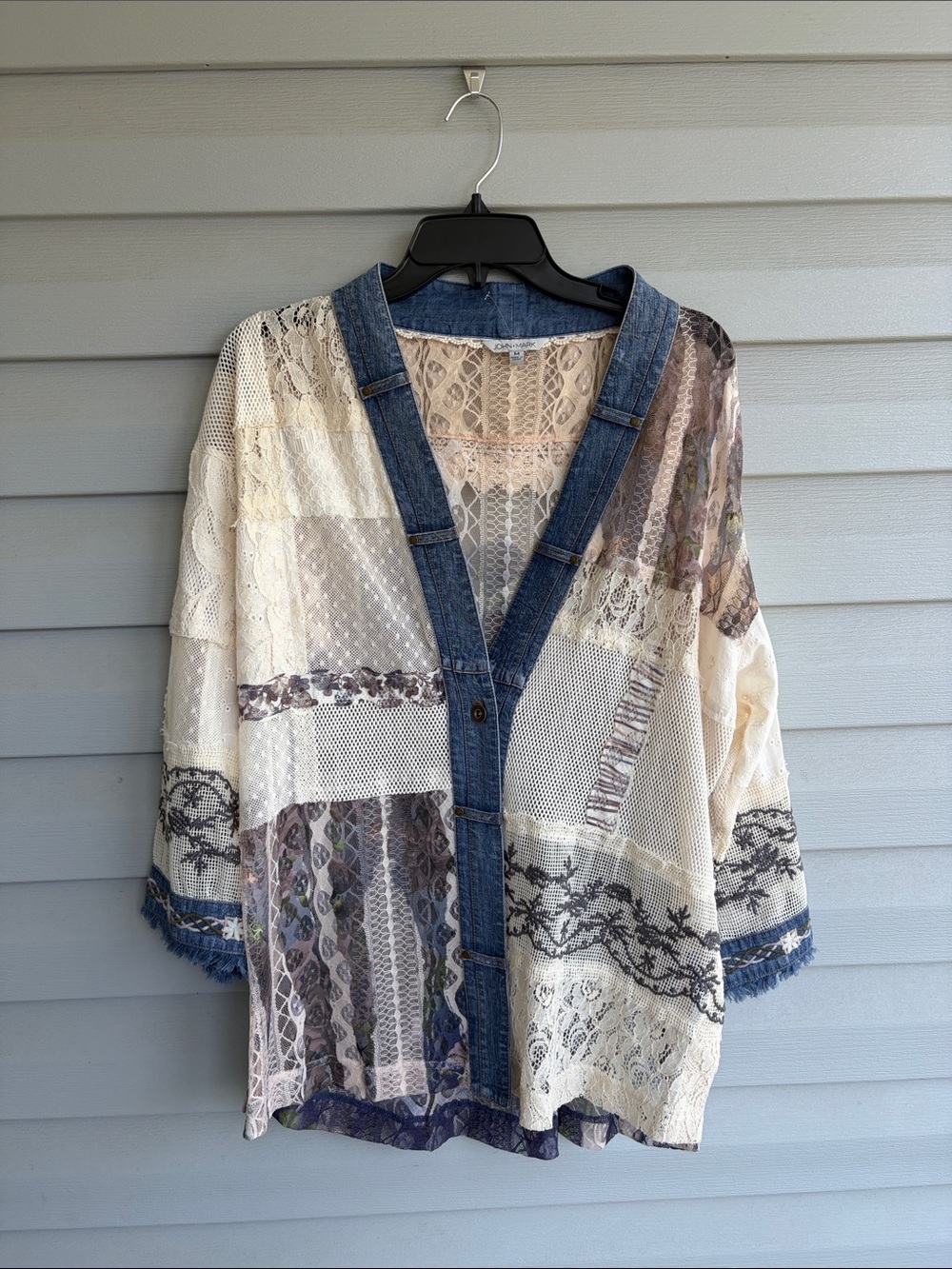 NWOT John Mark Boho Lace Patchwork Cardigan with Denim Trim - Cream & Blue